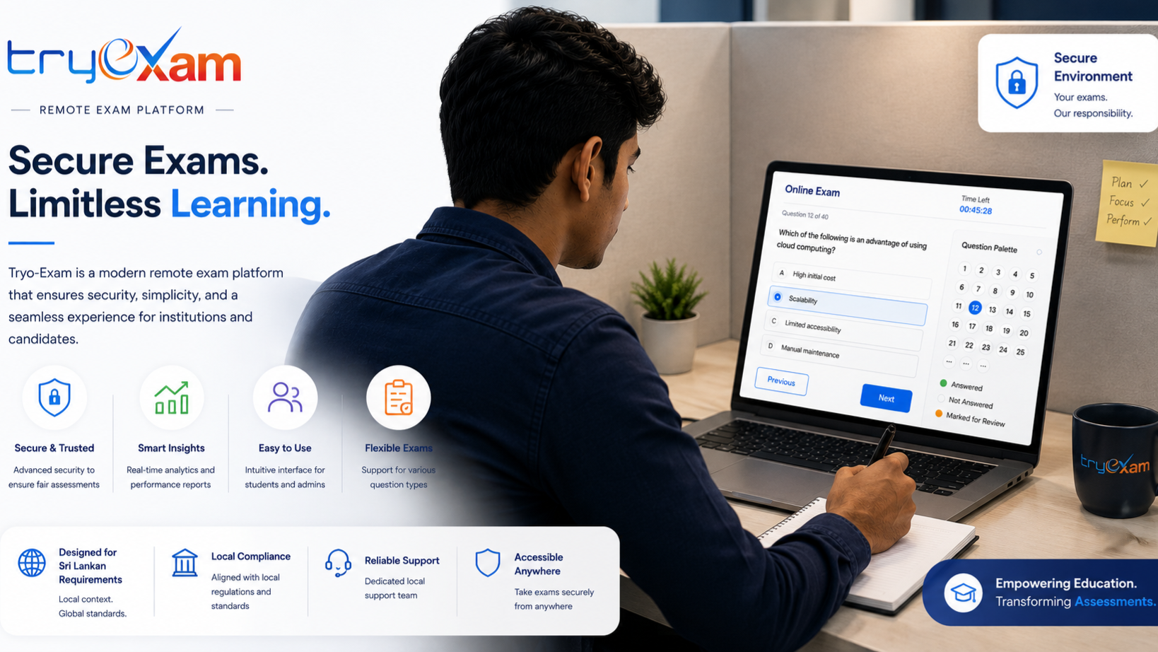 Tryo-Exam remote exam platform with a student taking an online exam on a laptop